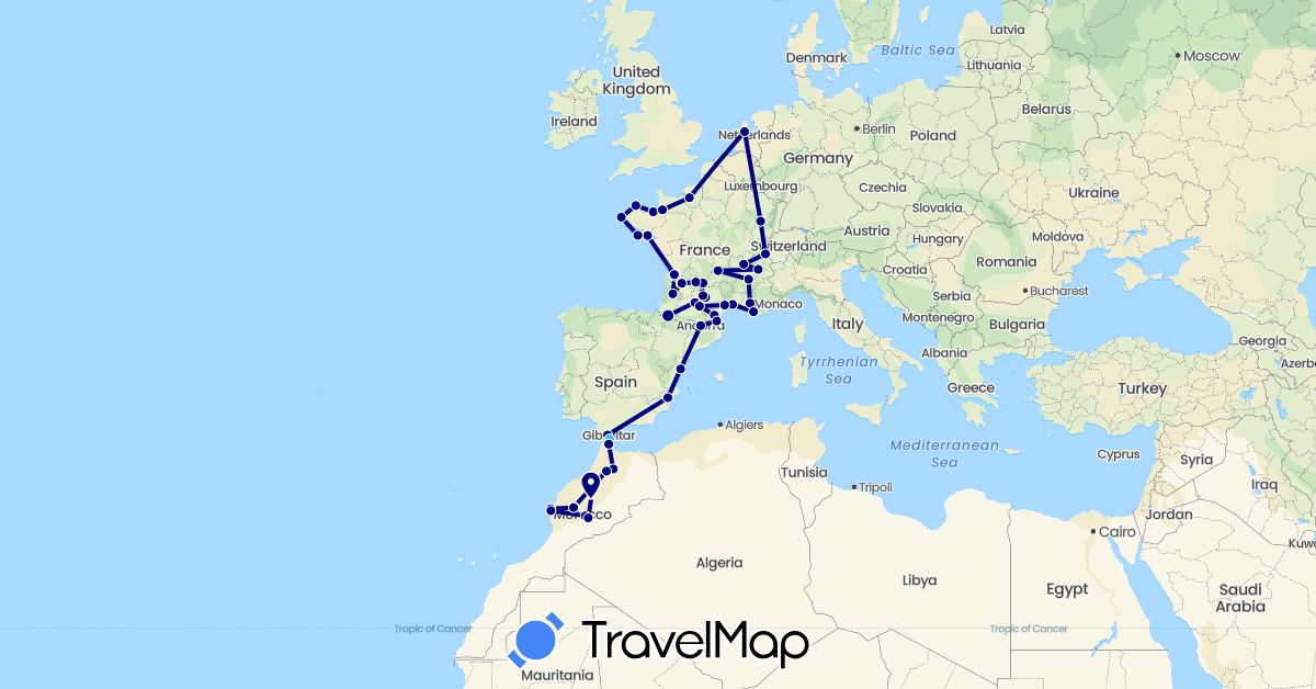 TravelMap itinerary: driving, boat in Andorra, Spain, France, Morocco, Netherlands (Africa, Europe)